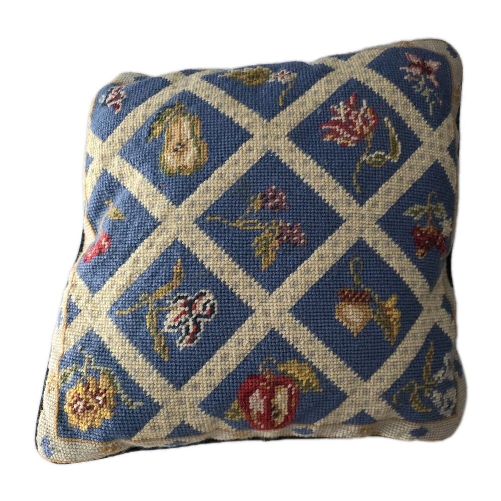 Needlepoint Lattice Pattern Pillow Wool/Cotton Velvet Vintage Fruit Acorn Flower